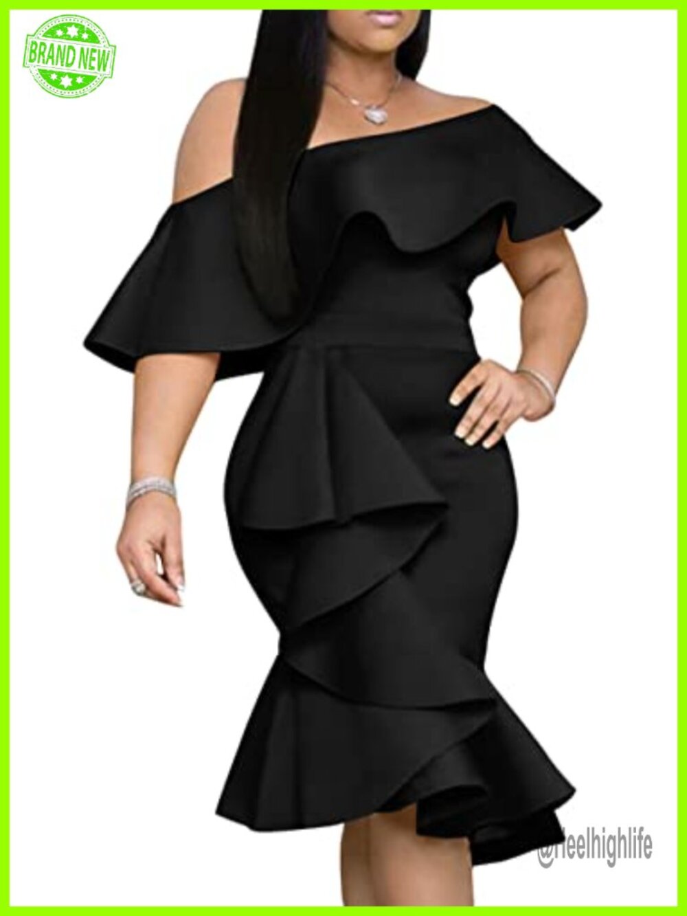 Women's Off Shoulder Bodycon Midi Dress Ruffle Cocktail Party Fishtail